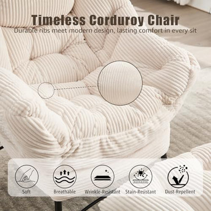 Oversized Lazy Chair with Ottoman for Adults, Chair and Ottoman Set Modern Skinny Lounge Chair with Footrest, Wide Reading Chair for Living Room, Comfy Accent Armchair for Small Spaces, White