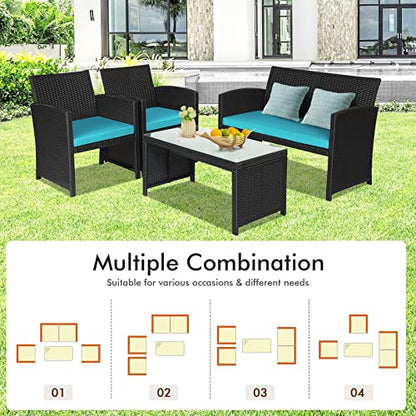 Rattan Patio Furniture Set 4 Pieces, Outdoor Wicker Conversation Sofa and Table Set with Soft Cushions & Tempered Glass Coffee Table for Balcony Garden Backyard (Turquoise)