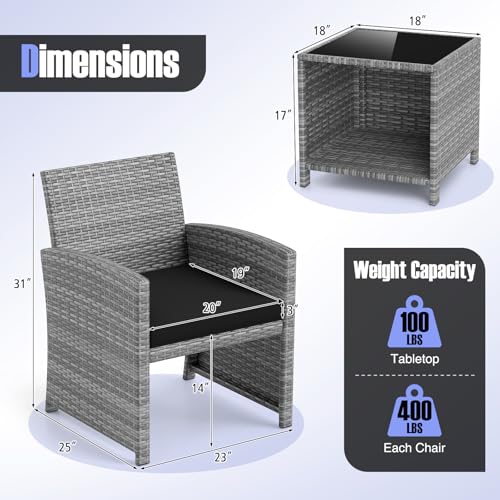 3 Pieces Patio Furniture Set, PE Rattan Outdoor Chairs with Tempered Glass Coffee Table & Soft Seat Cushions, Patio Bistro Set, Outdoor Conversation Set for Porch, Backyard Poolside (Black)