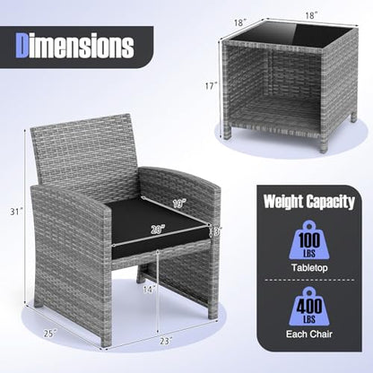 3 Pieces Patio Furniture Set, PE Rattan Outdoor Chairs with Tempered Glass Coffee Table & Soft Seat Cushions, Patio Bistro Set, Outdoor Conversation Set for Porch, Backyard Poolside (Black)