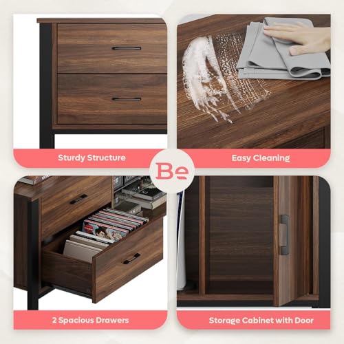 TV Stand for 75/80/85 inch TV, LED Gaming Entertainment Center, Modern TV Cabinet with Glass Shelves for Living Room, Media Console with 2 Storage Drawers & Cabinets for Bedroom, Walnut