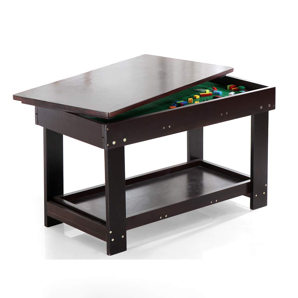 Kids Activity Table with Board for Bricks Activity Play Table (Dark Brown)