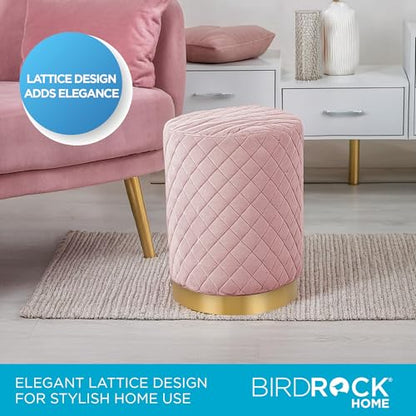 Velvet Round Ottoman Foot Stool with Lattice Design and Gold Trim - Soft, Padded Foot Rest for Living Room or Bedroom – Decorative Foot Ottoman for Chair, Rocking Chair or Couch (Pink)