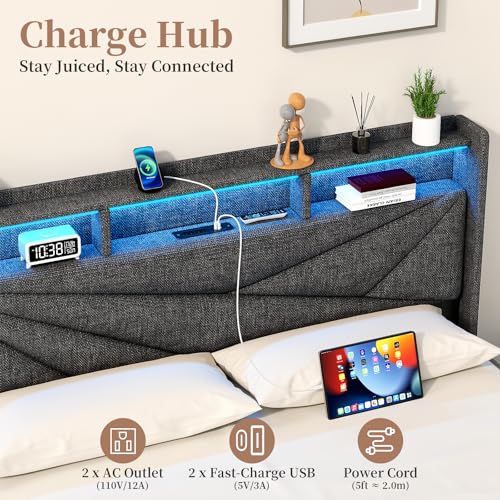Queen Bed Frame with Storage Headboard, view 5