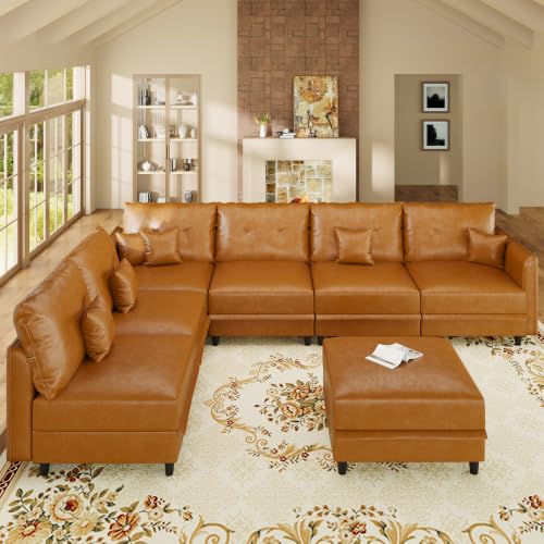 7-Seater L-Shaped Sectional Modular Sofa with Storage, Deep Seat Faux Leather Couches for Living Room, Waterproof & Scratch Resistant, Cognac Tan