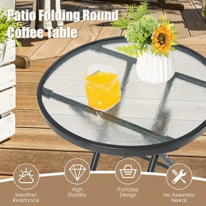 Outdoor Side Table, Folding Small Patio Table with Tempered Glass Tabletop, Steel Frame, Round Outdoor End Table with Anti-Slip Footpads for Balcony Garden Backyard Deck Poolside