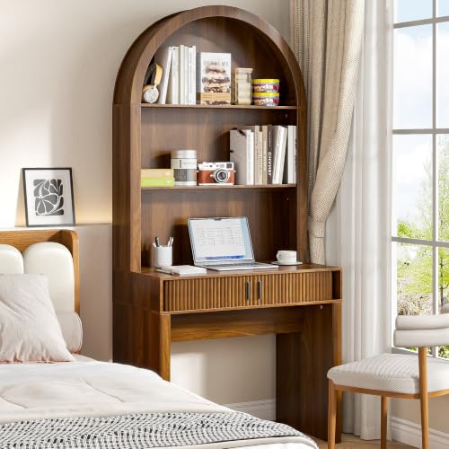 75'' Arched Computer Desk with Hutch, Home Office Desk, Walnut, view 7