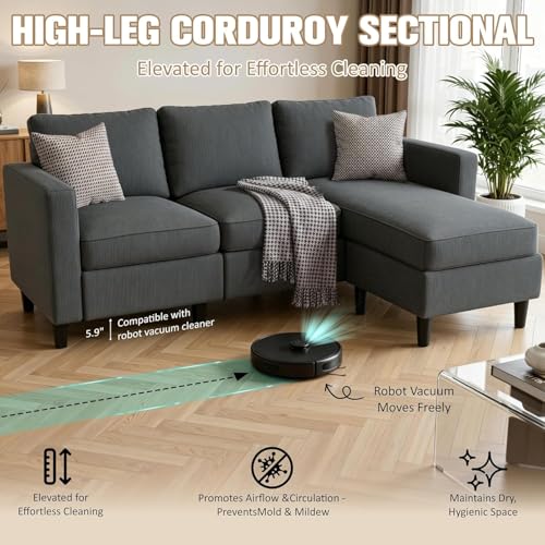 3-Seat Reversible Sectional Sofa with Convertible Ottoman, Modern Ribbed Fabric L-Shaped Couch for Living Room, Small Apartment & Office, Easy Tool-Free Assembly, Grey