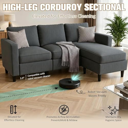 3-Seat Reversible Sectional Sofa with Convertible Ottoman, Modern Ribbed Fabric L-Shaped Couch for Living Room, Small Apartment & Office, Easy Tool-Free Assembly, Grey