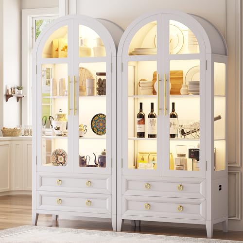 71" Tall Arched Storage Cabinet with Glass Doors and Drawers, Curio Display Cabinet with Adjustable LED Light & Human Sensor, 4-Tier China Cabinet for Living Room(White)