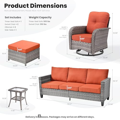 6 Pieces Patio Furniture Set, Outdoor Wicker Sofa Couch with Swivel Glider Chairs Comfy Cushions, Modern Deep Seat Rattan Conversation Sets for Deck Porch, Orange Red