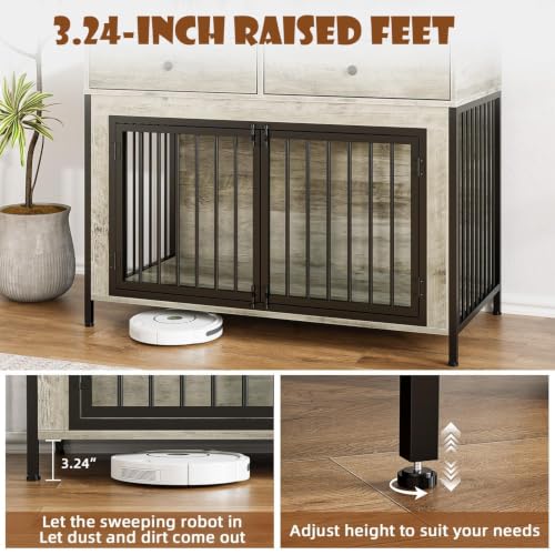 44" Wooden Dog Crate Furniture with Drawers for Large Dogs, Grey, view 8