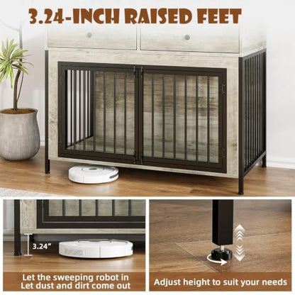 44" Wooden Dog Crate Furniture with Drawers for Large Dogs, Grey, view 8