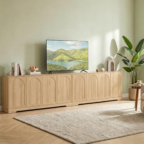 62.2 Inch TV Stand for TVs up to 70 Inches, Tall Entertainment Center Cabinet with 4 Fluted & Arched Doors and Cable Management for Living Room Bedroom, Natural Oak