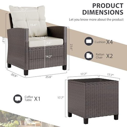 3 Pieces Patio Furniture Set Small Outdoor Wicker Rattan Front Porch Bistro Set Cushioned Patio Chairs Conversation Set with Glass Table for Lawn, Garden, Backyard, Balcony, Beige