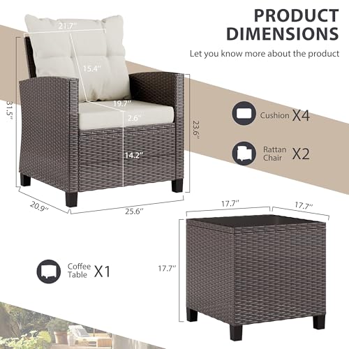 3 Piece Patio Furniture Set Small Outdoor Wicker Rattan Front Porch Bistro Set Cushioned Patio Chairs Conversation Set with Glass Table for Lawn, Garden, Backyard, Balcony, Poolside (Beige)