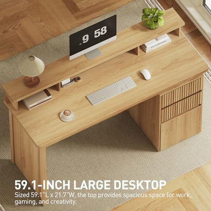 59" Executive Desk with Drawer, Fluted Computer Desk with File Drawer, Monitor Stand, Home Office Desk with Charging Station, LED Light, Fluted Computer Writing Desk for Study, Natural