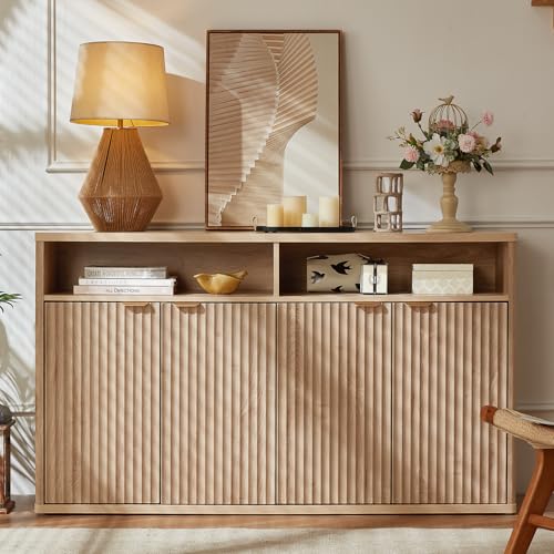 55-Inch Fluted Buffet Cabinet with 4 Doors,Natural Oak, view 2