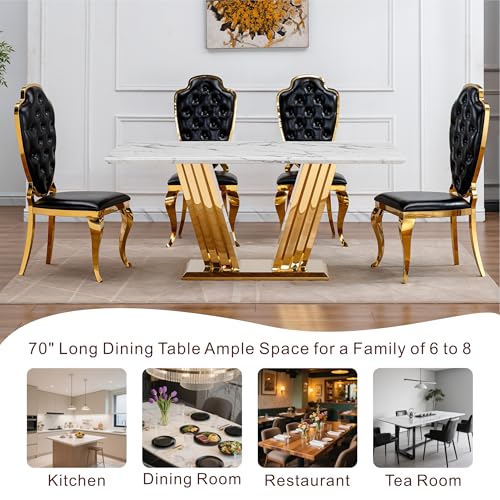 Marble Dining Table for 6 People, 70'' Rectangle Faux Marble Dining Table with Mirrored Stainless Steel Base, Large Size Marble Kitchen Table (Gold,White)(only Table)