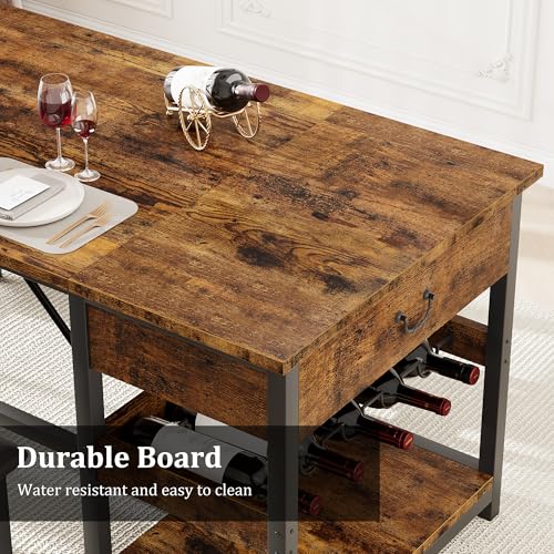 Dining Table Set for 4 with Storage Drawers & Wine Rack, Kitchen Table and Upholstered Benches for Small Spaces, Retro Brown