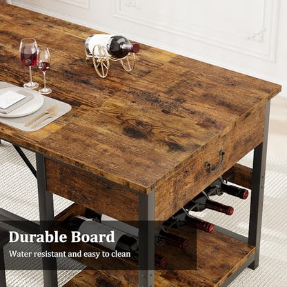Dining Table Set for 4 with Storage Drawers & Wine Rack, Kitchen Table and Upholstered Benches for Small Spaces, Retro Brown
