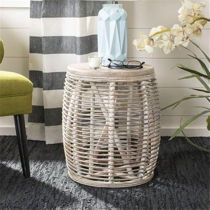 Furniture - Maui Rattan Drum Stool Table - Grey White-Wash - Rattan - Coastal Woven Design - Fully Assembled - Ideal for Living Room, Bedroom, Patio - Fully Assembled (STL6500A)