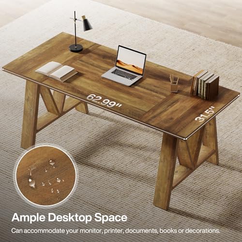 63" Farmhouse Executive Desk with Sturdy Legs, Brown, view 5