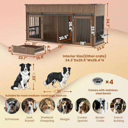 71'' Double Dog Crate Furniture with Storage Drawer, view 3