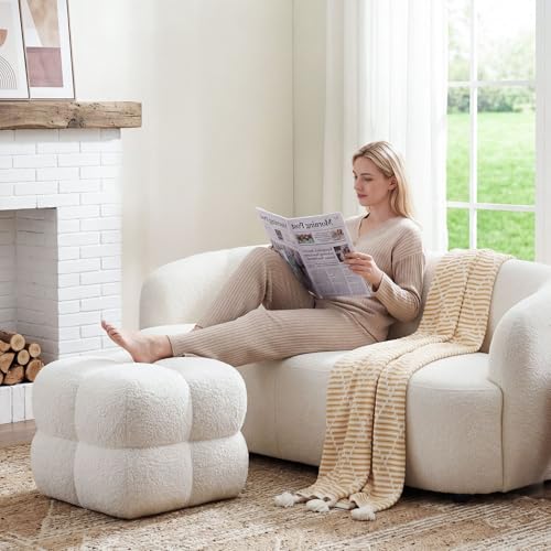 21" W Pouf Ottoman Foot Rest, Large Square Foot Stool for Couch, Upholstered Boho Ottoman with Teddy Fabric for Vanity Room Entryway Bedroom White