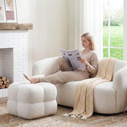 21" W Pouf Ottoman Foot Rest, Large Square Foot Stool for Couch, Upholstered Boho Ottoman with Teddy Fabric for Vanity Room Entryway Bedroom White