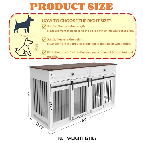 63'' Double Dog Crate Furniture, XXL Dog Kennel TV Stand,White, view 2