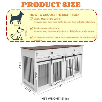 63'' Double Dog Crate Furniture, XXL Dog Kennel TV Stand,White, view 2