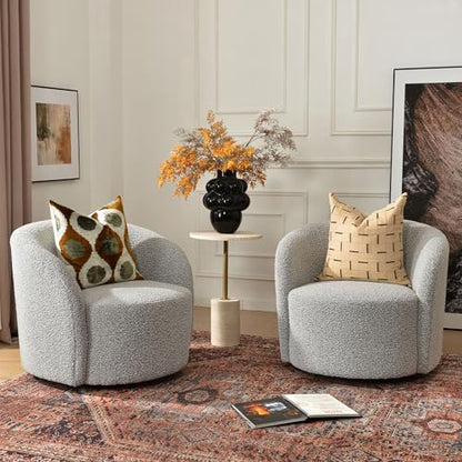 34" W Swivel Barrel Chair Set of 2, Mid Century Modern Round Upholstered Boucle Swivel Accent Chairs, No Assembly Sofa Chair for Living Room Bedroom Reading, Black White