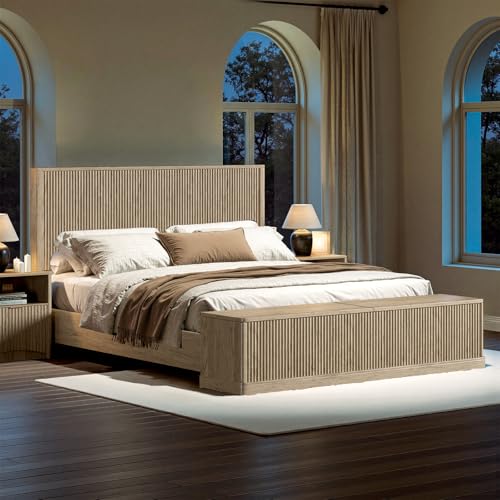 Fluted Oak King Bed Frame with 51'' Headboard & Storage Bench, view 7