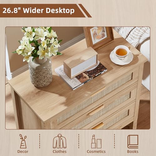 26.8" Wide Rattan Nightstand, Large Boho 3 Drawer Night Stand, Natural Wood Bedside Table with Storage, Tall Bed Side End Tables for Bedroom, Living Room, Hallway