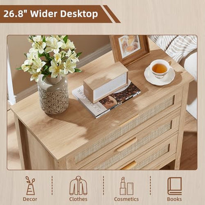 26.8" Wide Rattan Nightstand, Large Boho 3 Drawer Night Stand, Natural Wood Bedside Table with Storage, Tall Bed Side End Tables for Bedroom, Living Room, Hallway