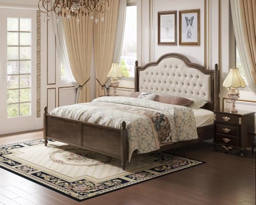 Luxury Queen Size Bed Frame with Upholstered Tufted Headboard,Walnut, view 8