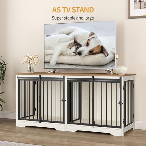 53.3" Dog Crate Furniture for 2 Dogs, Double Dog Cage with Divider, Wooden Heavy Duty Dogs Kennel, Pet Cage with Barn Door, TV Stand for Large Small Medium Pet, White Brown DFC88314B