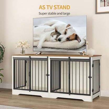 53.3" Dog Crate Furniture for 2 Dogs, Double Dog Cage with Divider, Wooden Heavy Duty Dogs Kennel, Pet Cage with Barn Door, TV Stand for Large Small Medium Pet, White Brown DFC88314B