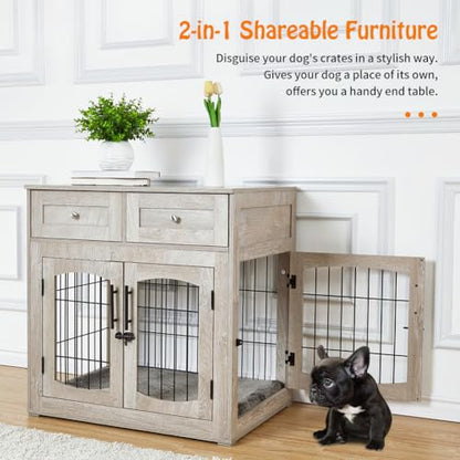Modern Wooden Dog Crate Furniture with 3 Doors & 2 Drawers, Comes with Cushion, view 4