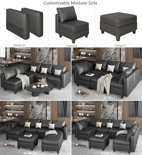 Faux Leather Sectional Sofa with Storage,Large U Shaped Faux Leather Modular Couch Sofa, Black