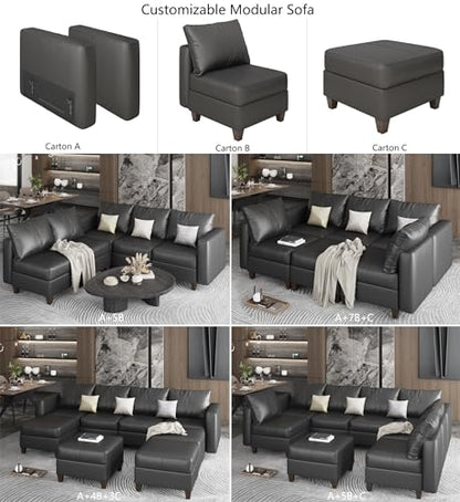 Faux Leather Sectional Sofa with Storage,Large U Shaped Faux Leather Modular Couch Sofa, Black