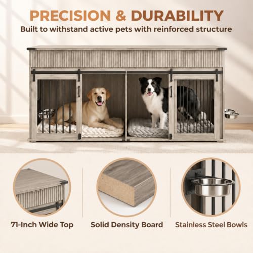 71" Double Dog Crate Furniture, Gray Oak Furniture Crate with Divider, view 7