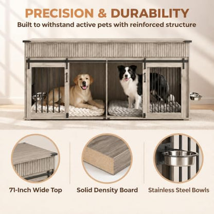 71" Double Dog Crate Furniture, Gray Oak Furniture Crate with Divider, view 7
