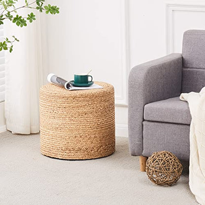 18'' Ottoman Pouf, Natural Braided Poof, Rustic Handweave Lounge Pouffe, Boho Footrest Stool for Bedroom, Accent Table or Seat for Living Room (Natural-LD)