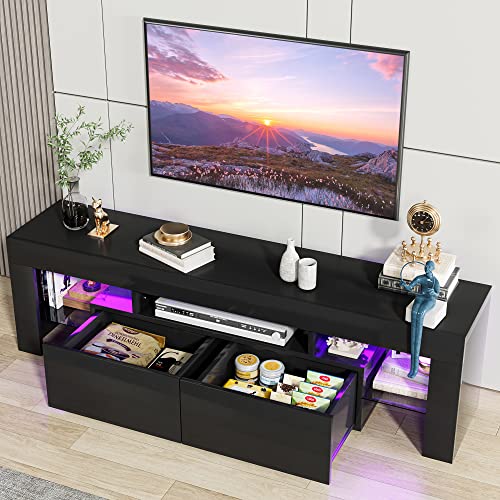 TV Stand, Modern Lighting TV Cabinet Entertainment Center Media and Open Shelf, TV Console Table with 1 Drawer and Remote Control, 20 Color LED Lights up to 70 Inch TV (Black)