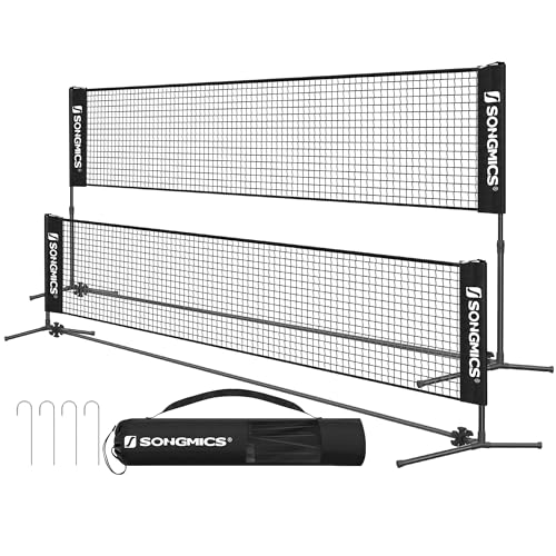 SONGMICS Badminton Net, Height Adjustable Volleyball Net, Pickleball Net for Junior Tennis, Kids, Indoor Outdoor Court, Foldable Nylon Net with Poles 10ft/13ft/16.5ft Wide
