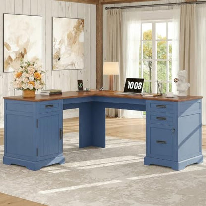 67'' Farmhouse L-Shaped Desk with Drawers for Home Office, Blue, view 2