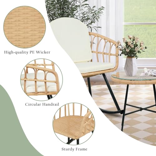 3 Pieces Rocking Chairs Set - Outdoor Wicker Rattan Rocking Chairs with Thickened Cushions, Boho Patio Furniture, Patio Conversation Bistro Sets, for Balcony Garden Porch Living Room