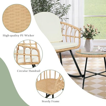 3 Pieces Rocking Chairs Set - Outdoor Wicker Rattan Rocking Chairs with Thickened Cushions, Boho Patio Furniture, Patio Conversation Bistro Sets, for Balcony Garden Porch Living Room
